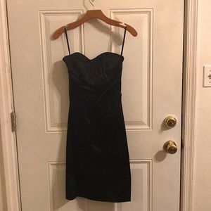 Black, strapless, formal knee-length dress